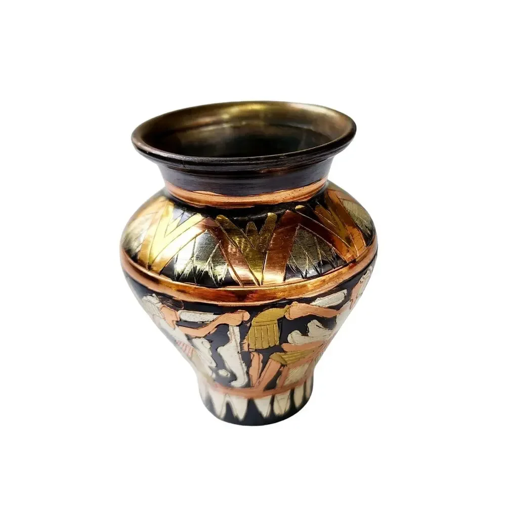 Vintage Egyptian Revival Engraved Brass Copper Bud Vase | Global Boho Decor